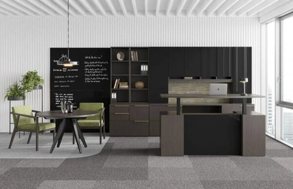 Modern office with desk, chairs, and shelves.