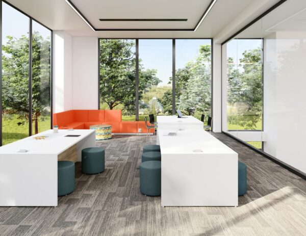 Modern office space with large windows and seating