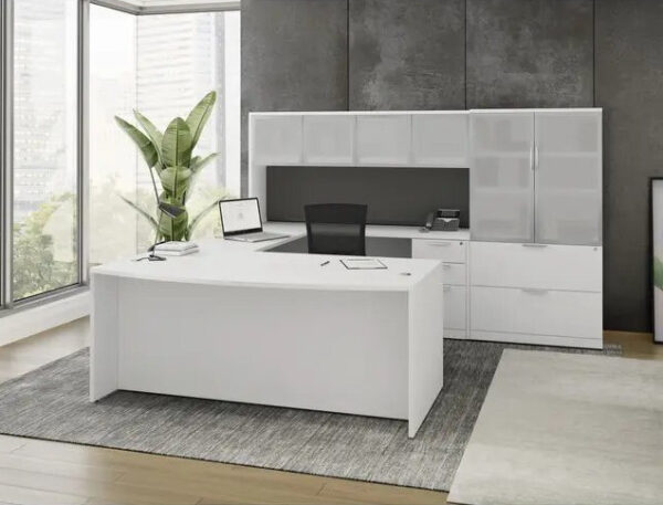 Modern white office desk with plant and cabinets