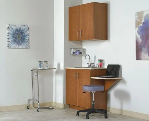 Medical office corner with furniture and laptop.