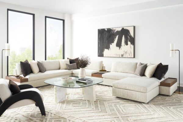 Modern living room with white sectional sofa.