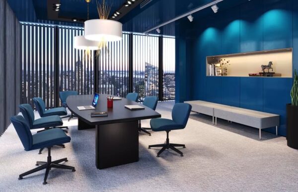 Modern conference room with city view.