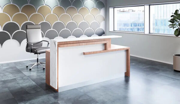 Modern office reception desk with chair and decor.