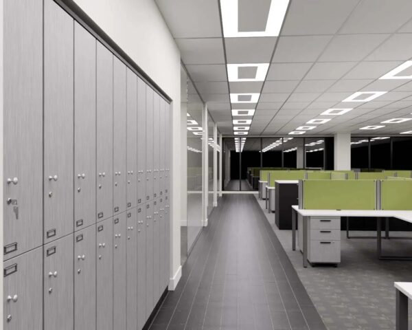 Modern office with cubicles and lockers.