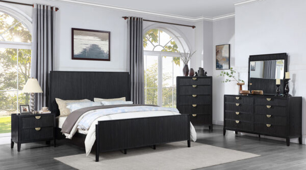 Modern bedroom with black furniture and large windows.