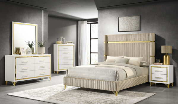 Modern luxury bedroom with beige and white decor.