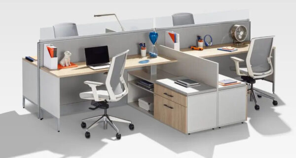 Modern office cubicles with chairs and desks