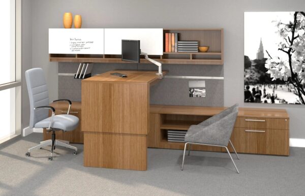 Modern office with wooden desk and chairs