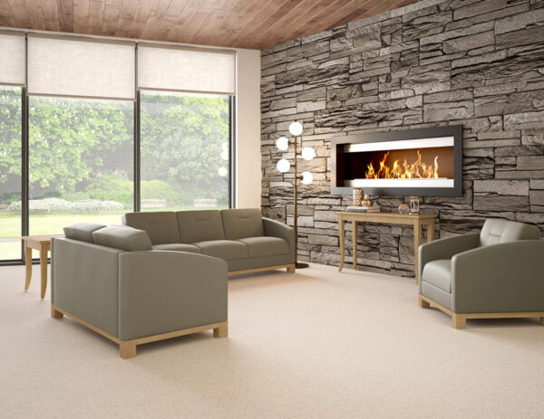 Modern living room with stone fireplace and sofas.