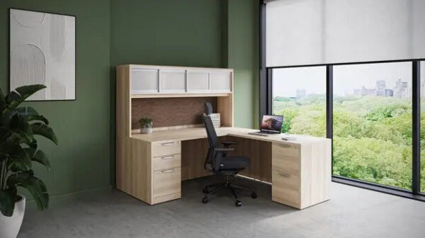 Modern home office with desk and window view.