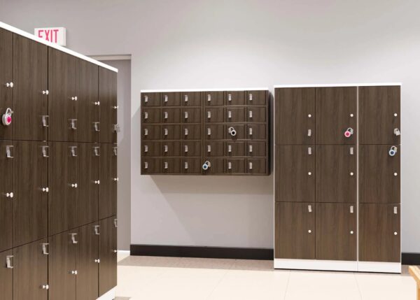 Wooden lockers with padlocks near exit sign.