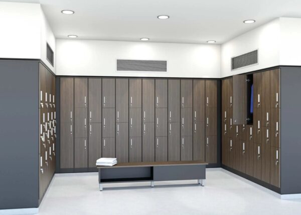 Modern gym locker room with wooden lockers.