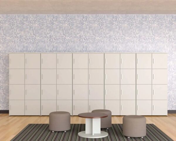 Modern lockers with seating and mosaic wall.