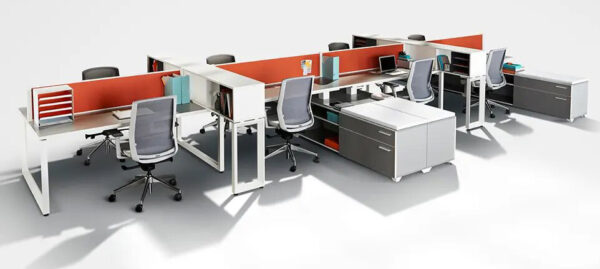 Modern office workstation setup with chairs and desks.