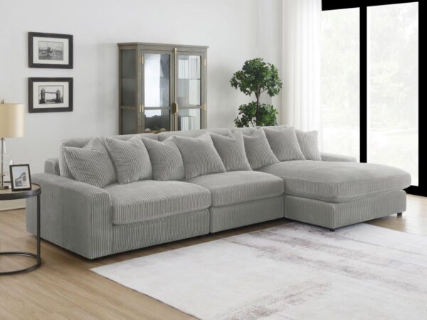 Gray sectional sofa in modern living room.