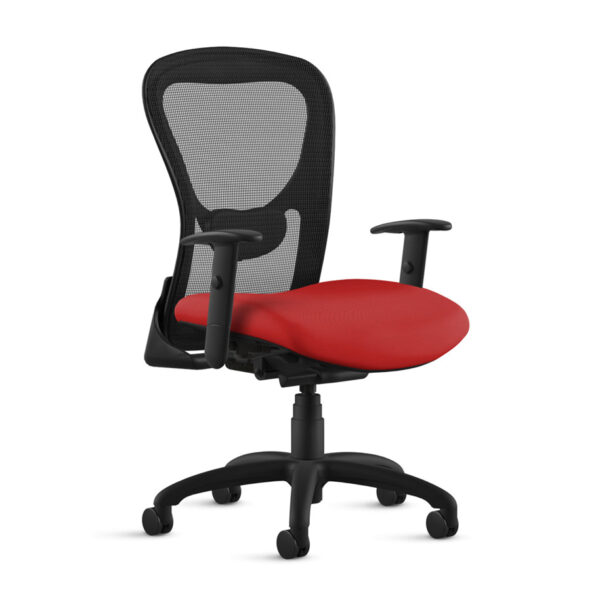 Red ergonomic office chair with mesh backrest.