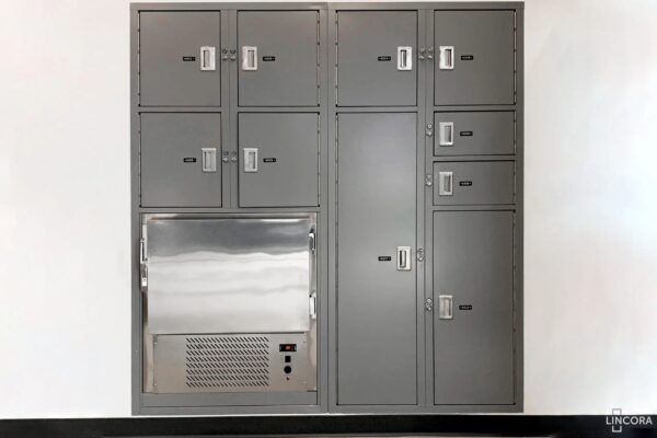 Industrial gray lockers with various compartments and lock codes.