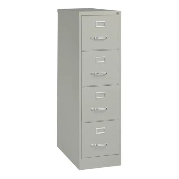 Gray four-drawer vertical filing cabinet.