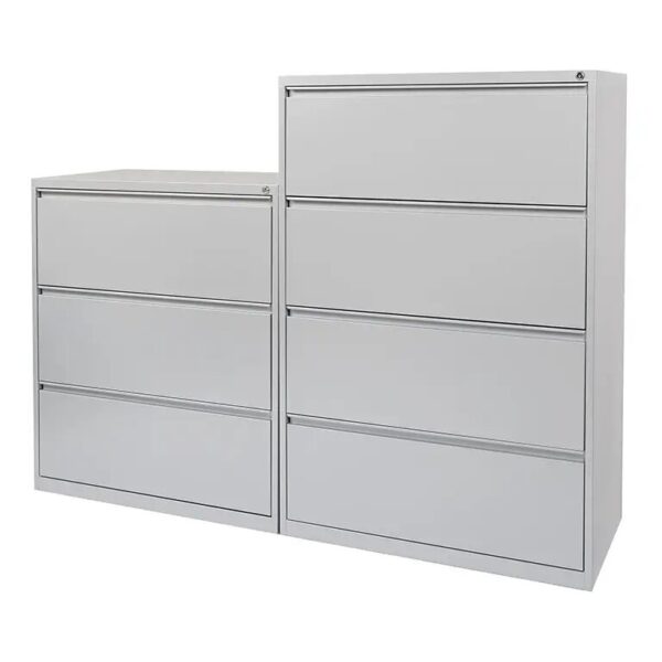 Two gray metal filing cabinets with drawers