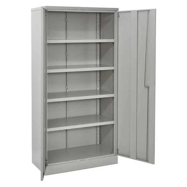 Gray metal storage cabinet, open with shelves