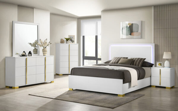 Modern bedroom with white and brown furniture