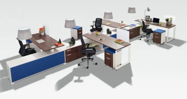 Modular office desks with chairs and accessories