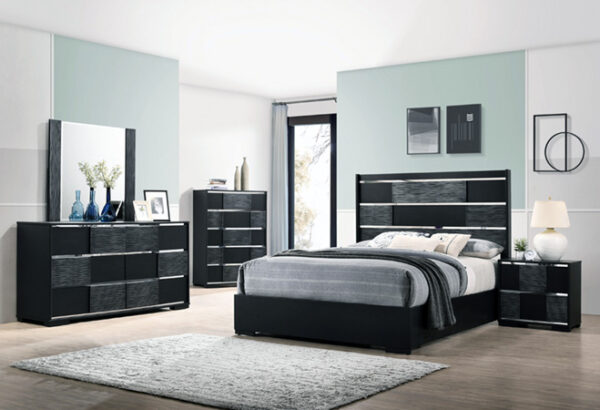 Modern bedroom set with bed, dresser, and nightstand.