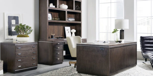 Modern office with dark wood furniture and desk