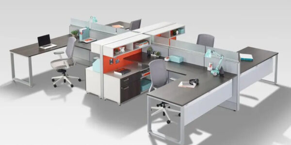 Modern office workstations with desks and chairs.