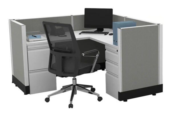 Office cubicle with computer and swivel chair