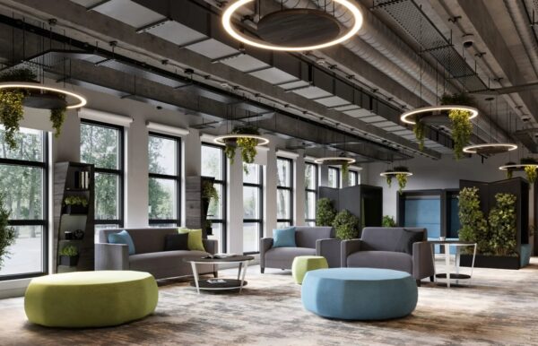 Modern office lounge with circular lights and plants