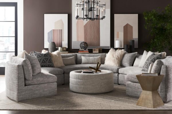 Modern living room with gray sectional sofa.