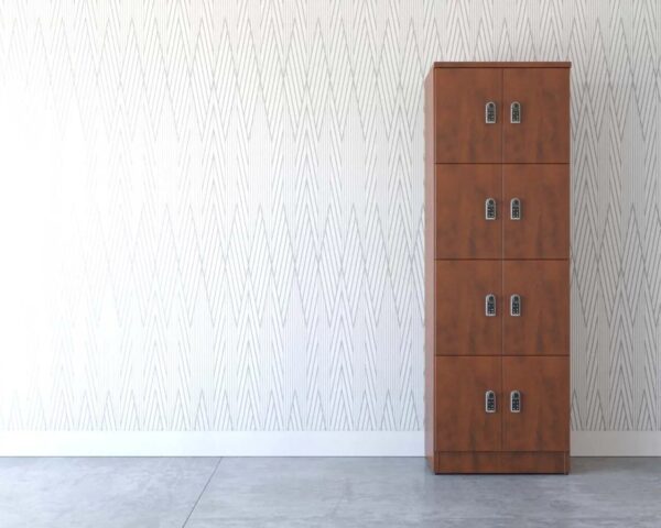 Wooden locker against patterned wall