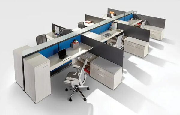 Modern office cubicles with desks and chairs