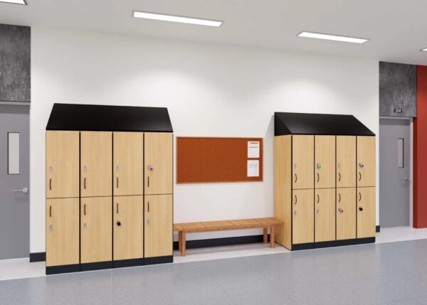 School hallway with lockers and bench.