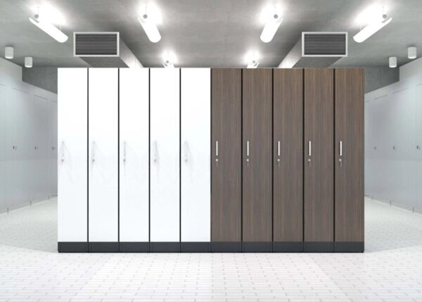 Modern locker room with white and wood lockers.