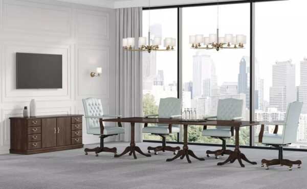 Elegant boardroom with city skyline view.