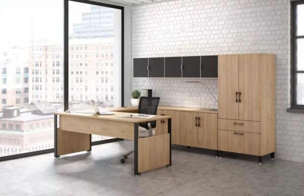 Modern office space with wooden furniture and windows.