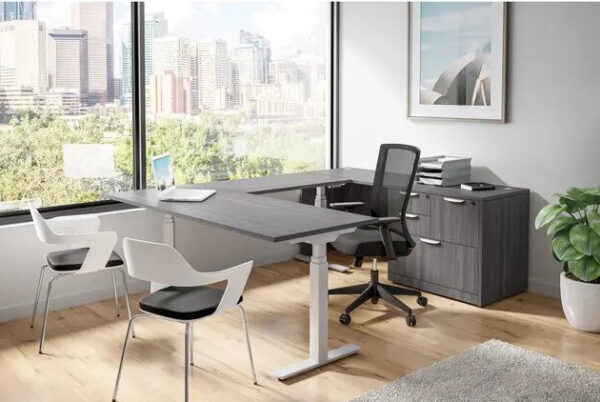 Modern office with city view and sleek furniture.