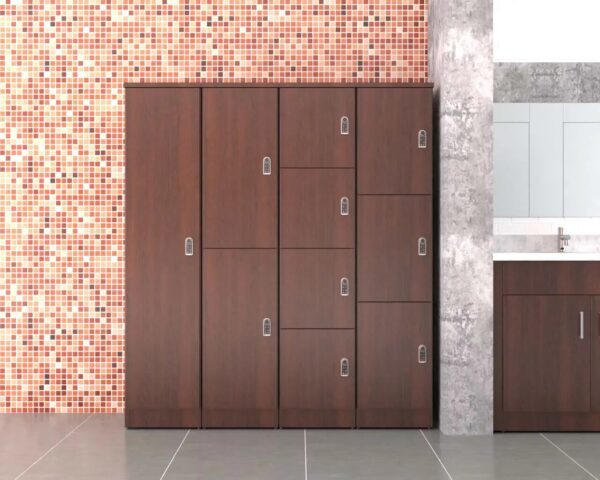 Wood lockers in tiled room with concrete wall.