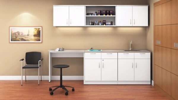 Modern doctor's office interior with chair and cabinets.